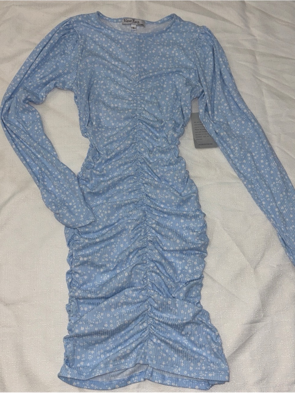 Velvet Torch Sky Blue Long Sleeve Ruched Mini Dress
